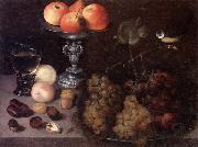 Georg Flegel Still life of grapes on a pewter dish,together with peaches,nuts,a glass roemer and a silver tazza containing apples and pears,and a blue-tit China oil painting reproduction